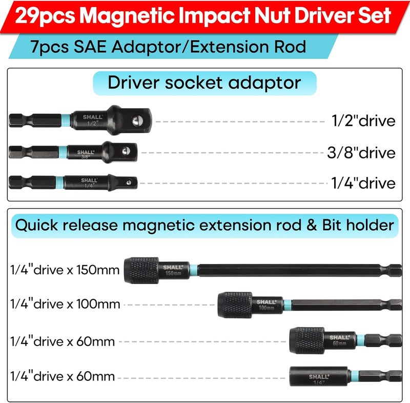 SHALL 29PCS Magnetic Nut Driver Set, Impact Drill Driver Bit 1/4" Hex Shank, SAE & Metric Cr-V Steel Power Nut Drivers with Quick-release Extensions, Impact Socket Adapters, Bit Holder and Storage Bag - Image 3